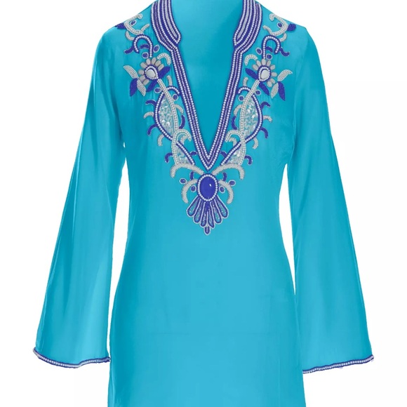 Boston Proper Aqua and Indigo Embroidered Tunic - Picture 2 of 7